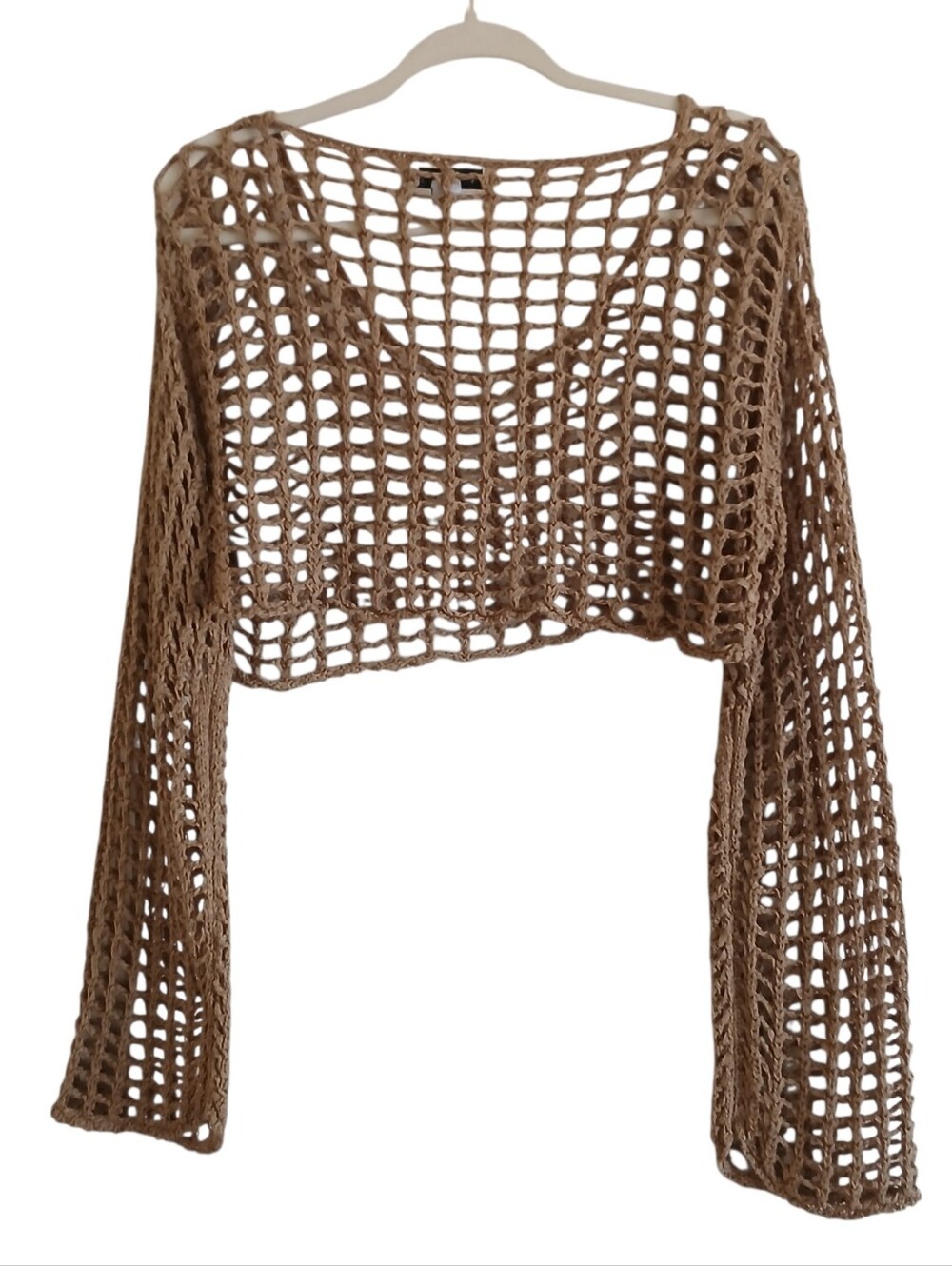 HYFVE Bell Sleeve Cropped Crochet Fisherman Net Top Women's M Tan Open Knit